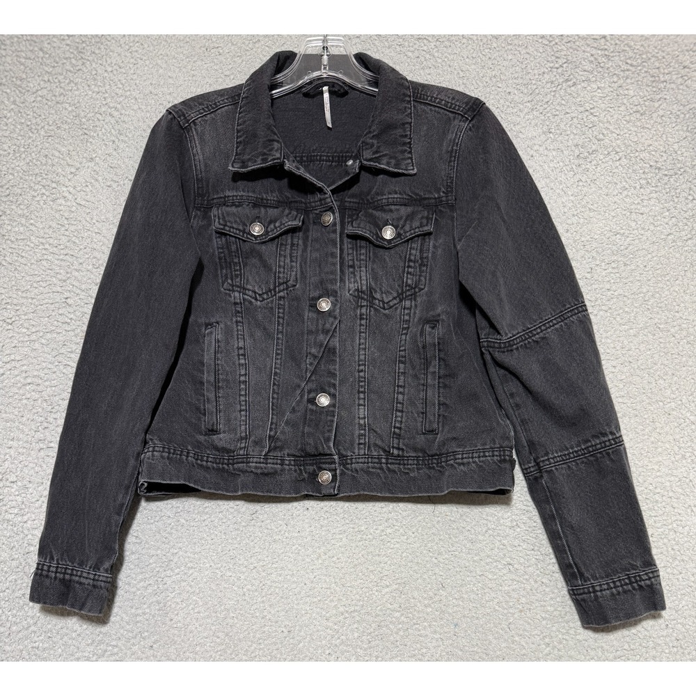 Free People Black Washed Oversized Denim Jacket Size Small